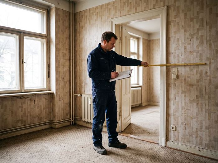 Mitarbeiter misst bei der Besichtigung eine Wand in einer Altbauwohnung aus